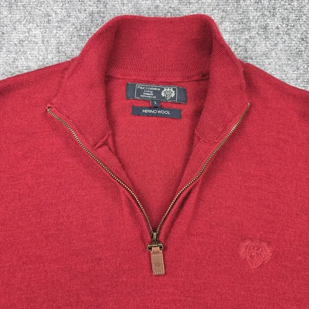 Paul Costelloe Living Sweater Mens Large Red Merino Wool 1/4 Zip Mock Neck